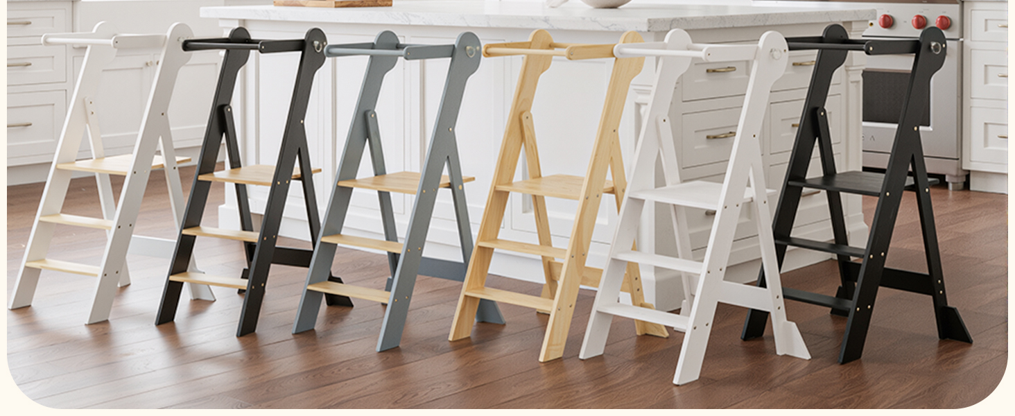 COSYLAND Монтессорі навчальний столик-сходинка для дітей від 1 року, регульована висота, складаний | Навчальний столик-сходинка для кухні | Темно-сірий-натуральний | COSYLAND