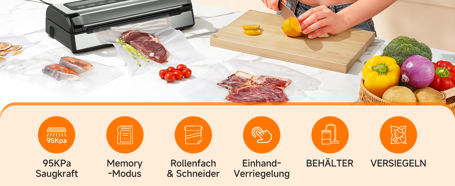 Вакууматор для продуктів 9-в-1 з потужністю 95 кПа, регулюванням часу та тиску, функцією пам'яті, подвійним запаянням, вбудованим різаком та відсіком для пакетів, корпус із нержавіючої сталі, у комплекті 2 ролини та шланг