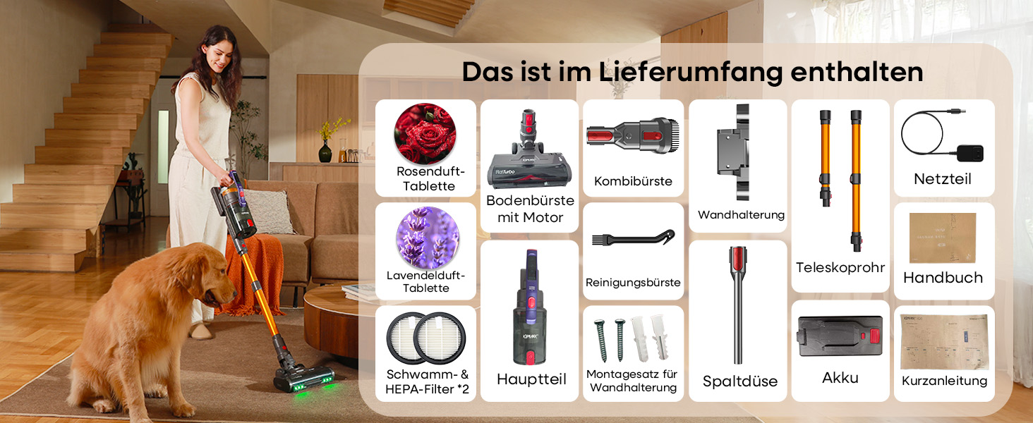 Акумуляторний пилосос KIPMAX 50000Pa, 550W, 70хв, 1.5л, з дисплеєм, анти-заплутальна щітка, 7-шаровий фільтр, 2 аромапластини, для килимів, шерсті тварин, твердих підлог, фіолетово-золотий