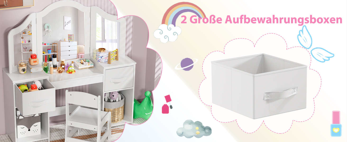 Дитячий туалетний столик MAMIZO 2 в 1 з дзеркалом та пуфом, рожево-білий, 108x30x114 см