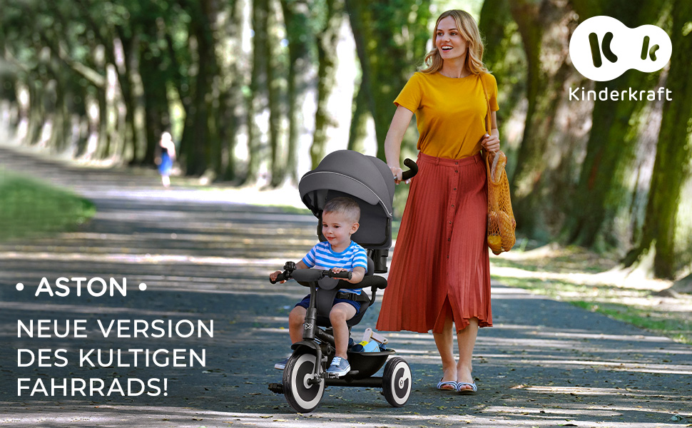 Триколісний велосипед Kinderkraft ASTON для дітей від 9 місяців до 25 кг, з батьківською ручкою, обертовим сидінням, дахом від сонця, кошиком та тримачем для напоїв, зелений