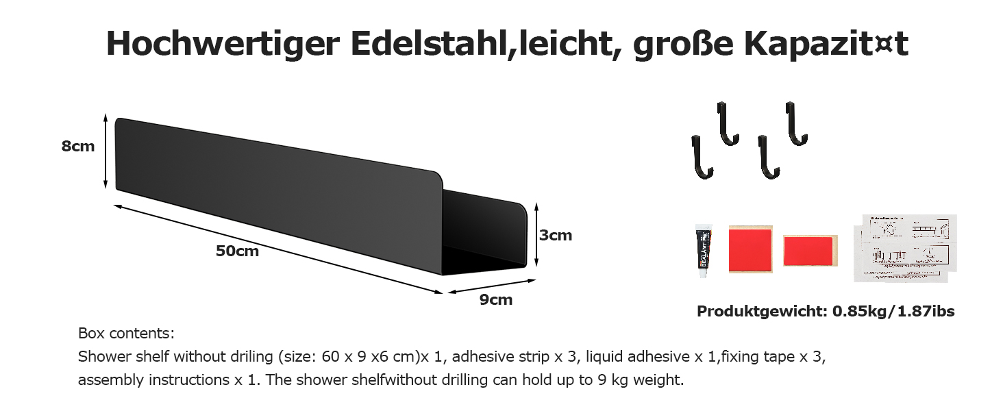 Поличка для душу Rekita без свердління, органайзер для ванної кімнати 40 см, поличка з нержавіючої сталі з 4 знімними гачками, тримач для шампуню для душу, навісна полиця, полиця для ванної кімнати (Чорний-50см)