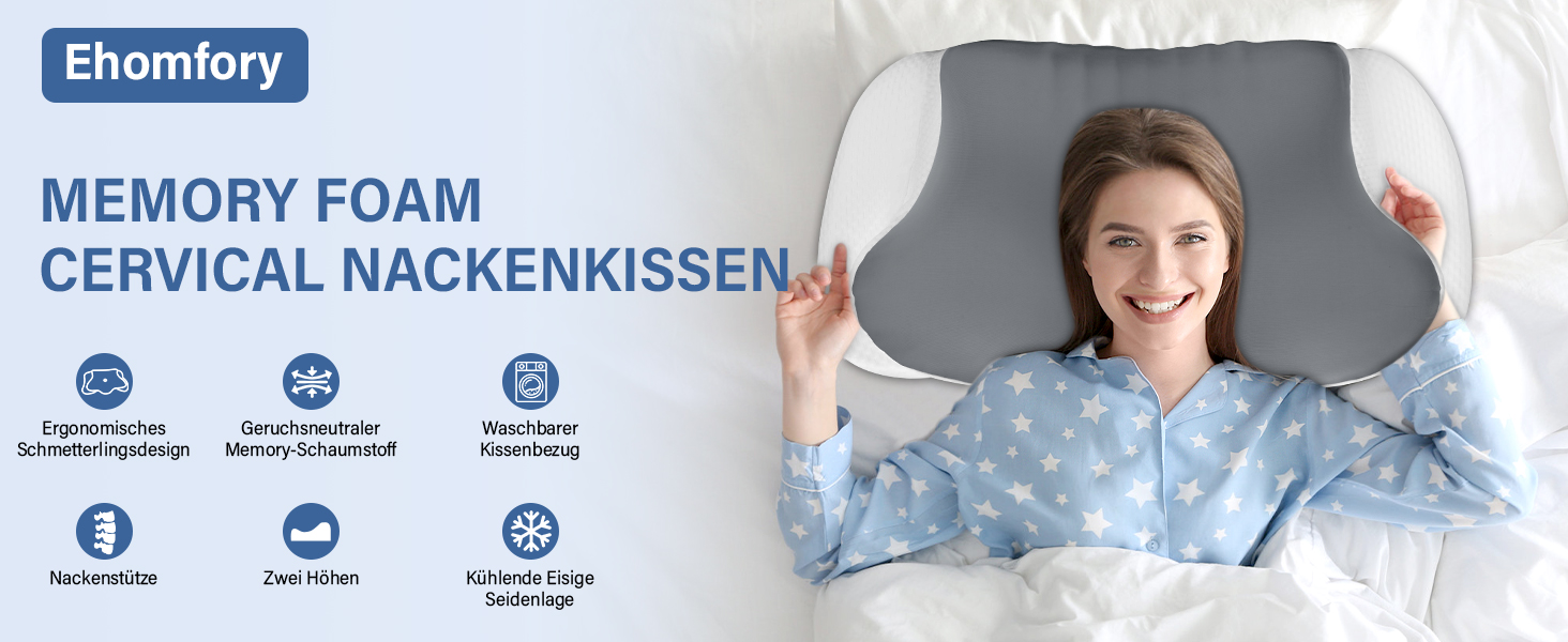 Подушка для шиї з піною з пам'яті, дихаюча, ергономічна, 65x37x10/12см, сіра