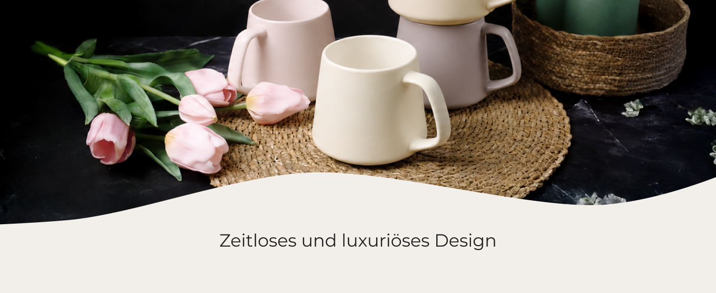 Набір керамічних чашок для кави та чаю MIAMIO Luxe (4 шт, 420 мл), Cream Rose — для капучино та еспресо, підходять для мікрохвильової печі та посудомийки