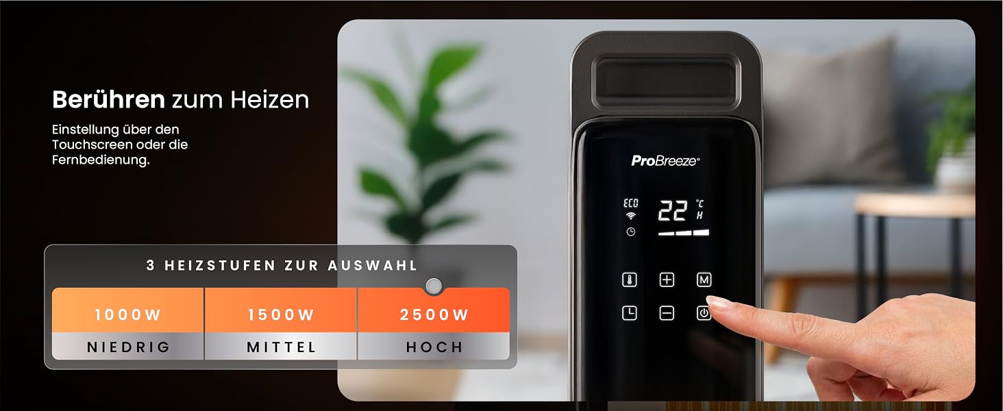 Електричний масляний радіатор Pro Breeze 2500Вт, 11 секцій, смарт-обігрів з термостатом, таймером на 24г та сенсорним дисплеєм, чорний