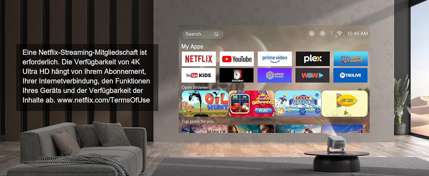 Смарт-проектор VISSPL 4K Home Cinema, 30000 Люмен, 3D Dolby Audio, Автофокус, WiFi 6, Bluetooth, 360° підставка, сірий