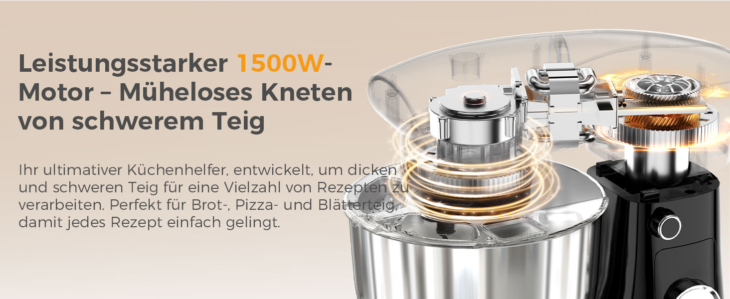 Кухонна машина YASHE 1500W з 2 чашами (4,5L та 5L), 10 швидкостей, нахилений корпус, з гаком для тіста, вінчиком та набором насадок, мультифункціональна