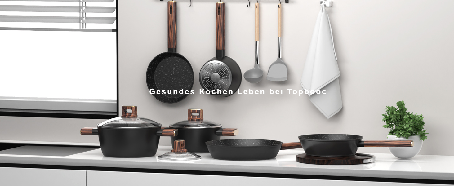 Набір каструль та сковорідок Topbooc 11 предметів: каструлі з нержавіючої сталі з кришкою 16/20/24 см, сковорода 20/28 см, глибока сковорода 24 см, антипригарне покриття, для індукційних плит, PFOA та PFOS-free, з алюмінію