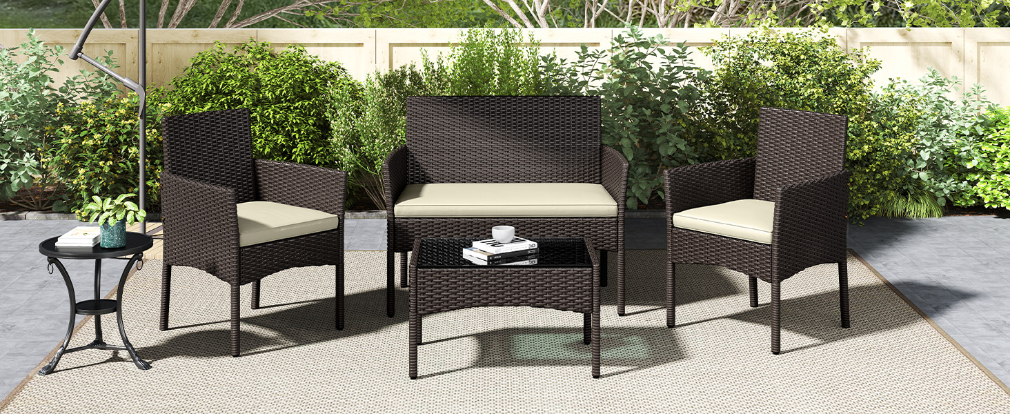 Набір садових меблів Yaheetech на 4 особи: диван, 2 крісла, стіл, подушки. Набір меблів для балкона, тераси, саду. Чорний та сірий (коричневий та бежевий).