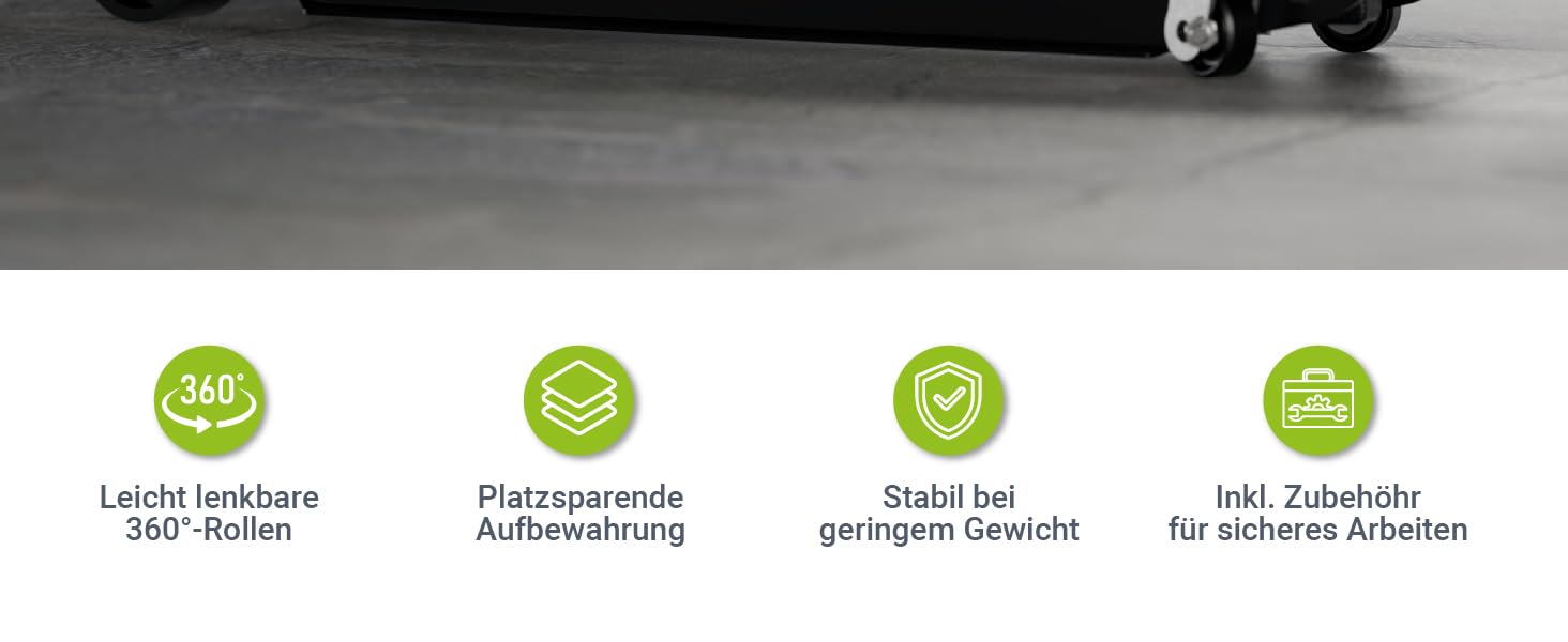 Підйомник гідравлічний Juskys 2.5 т, сталевий, 85-390 мм, з кейсом, гумовими накладками та аксесуарами - Чорно-зелений