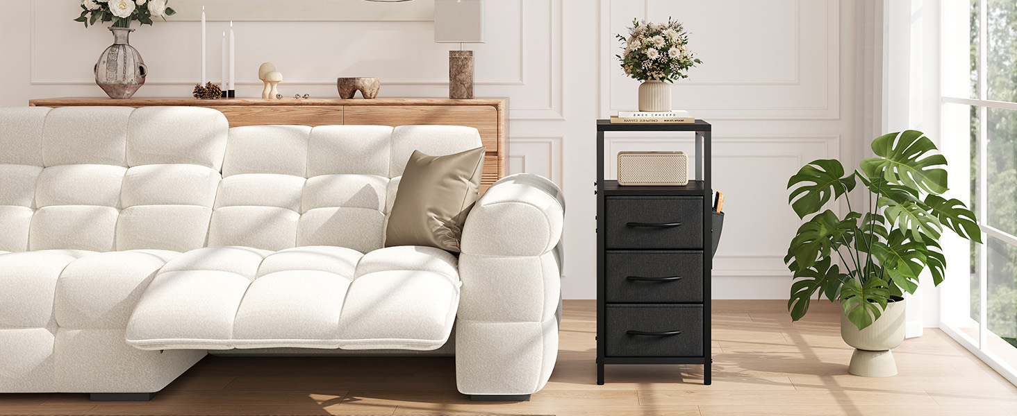 Нічний столик з підзарядкою та LED, приліжний столик з 3 висувними ящиками з тканини, нічний столик з полицею, відкрите відділення, 2 розетки AC, USB та Typ C порти, для спальні, вітальні, офісу (25x30x60 см, Чорний, 2)