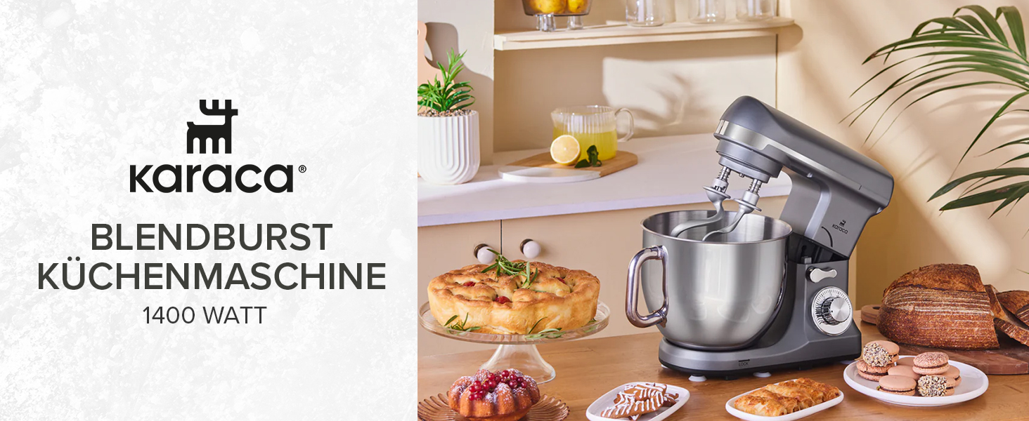 Кухонна машина Karaca Blendburst 1400W з 6 швидкостями, 5.7л чаша з нержавіючої сталі, подвійний гак для тіста, міксер, насадки для збивання та замішування, сірий колір