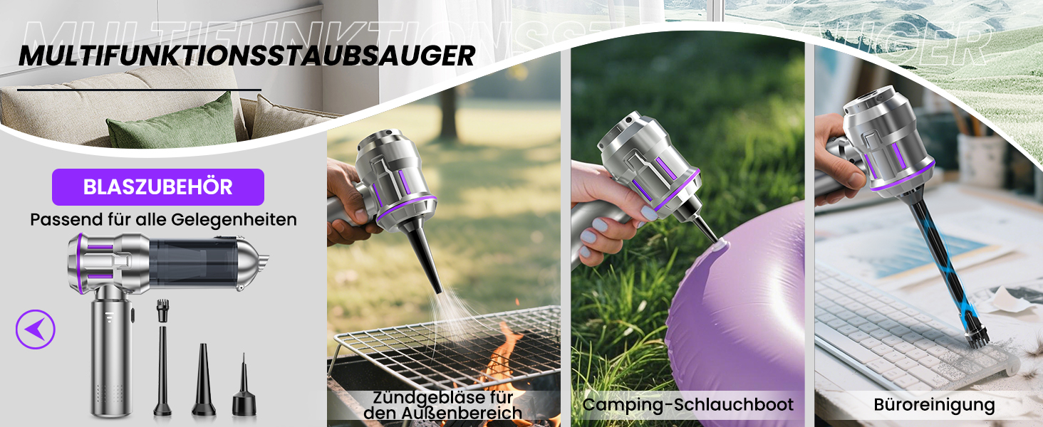 Акумуляторний ручний пилосмок 25000Па з безщітковим двигуном, 4-в-1, самоочищення, 3 режими потужності, для авто, дому та шерсті тварин, сріблясто-фіолетовий