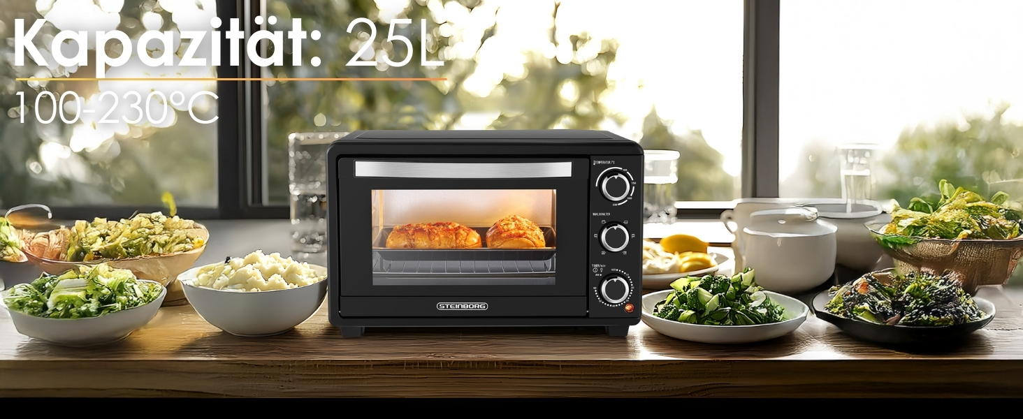 Міні-піч Steinborg 25 л з конвекцією: піч, піца, хліб. Таймер, 100-230°C, зйомний піддон. Економне споживання енергії