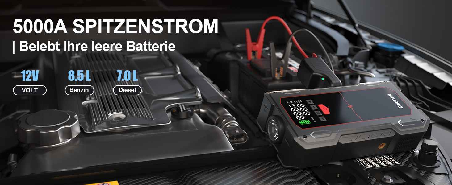 Бустер для авто Starthilfe Powerbank 6000A з компресором 150PSI, пусковий пристрій для акумулятора 12V (бензин до 9Л / дизель до 7.5Л), чорний