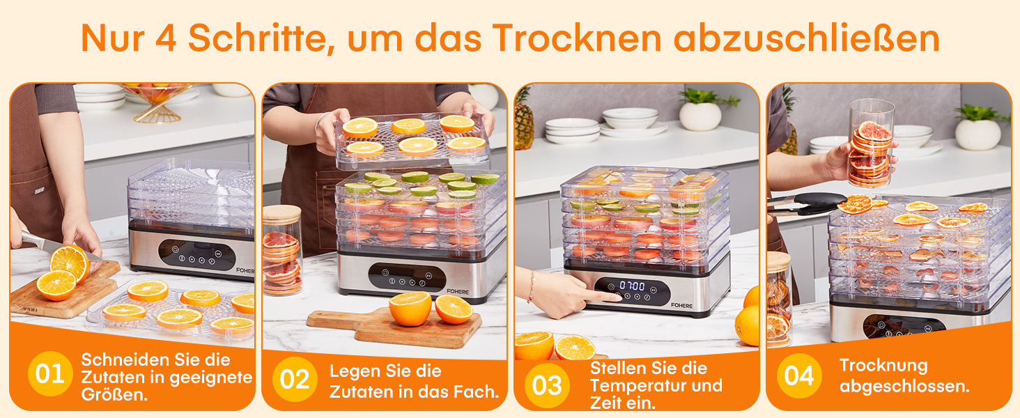 Електрична сушарка для продуктів FOHERE з нержавіючої сталі, 5 ящиків, LED-дисплей, 420W, 35-70°C, таймер 48h, для їжі, грибів, фруктів, м'яса, риби, овочів, без BPA