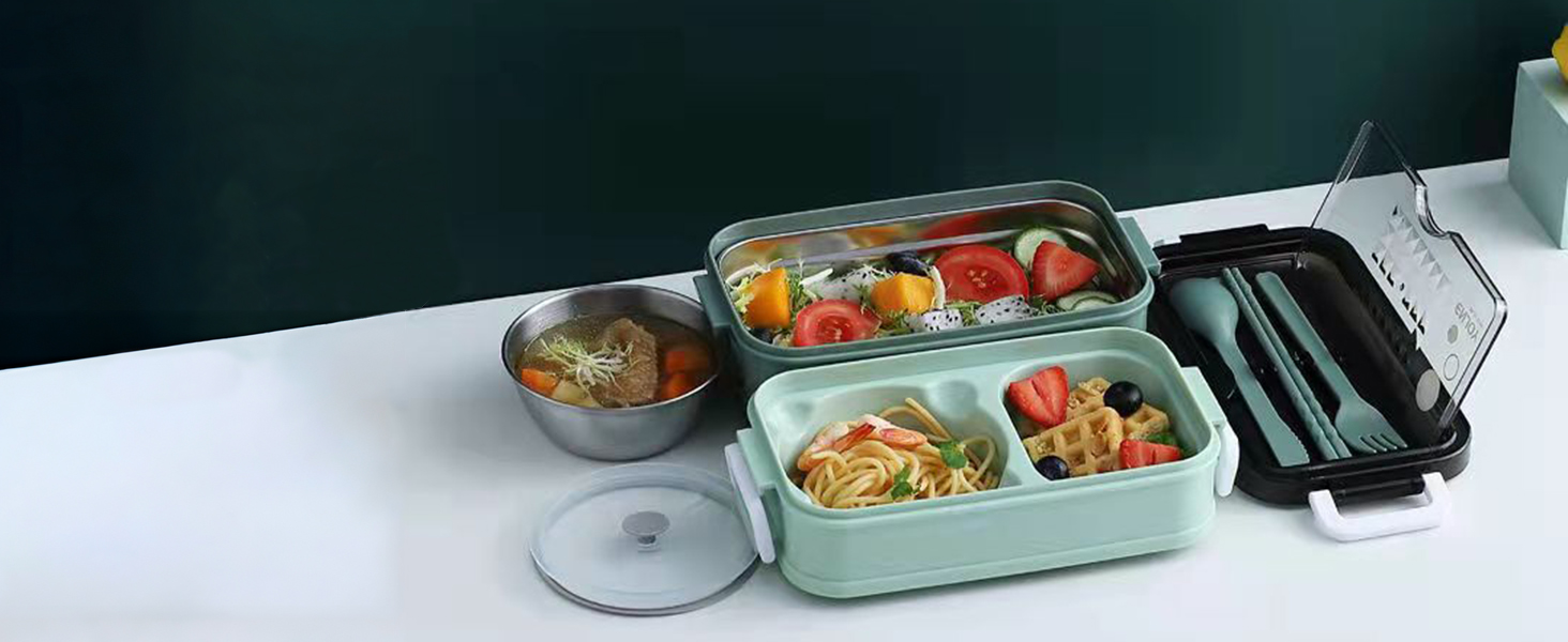 Ланч-бокс Tohoee 304 Bento з нержавіючої сталі з мисками для супу, 2 шари, виделка, ложка, ізольований пакет, зелений