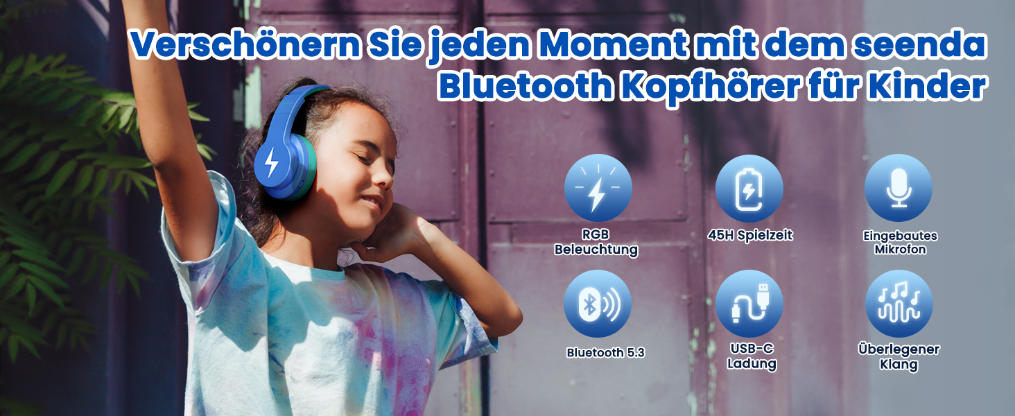 Дитячі навушники Bluetooth накладні, 85 дБ/94 дБ, 45 год, 3 режими, мікрофон, для мобільного телефону/планшета/школи (синій)