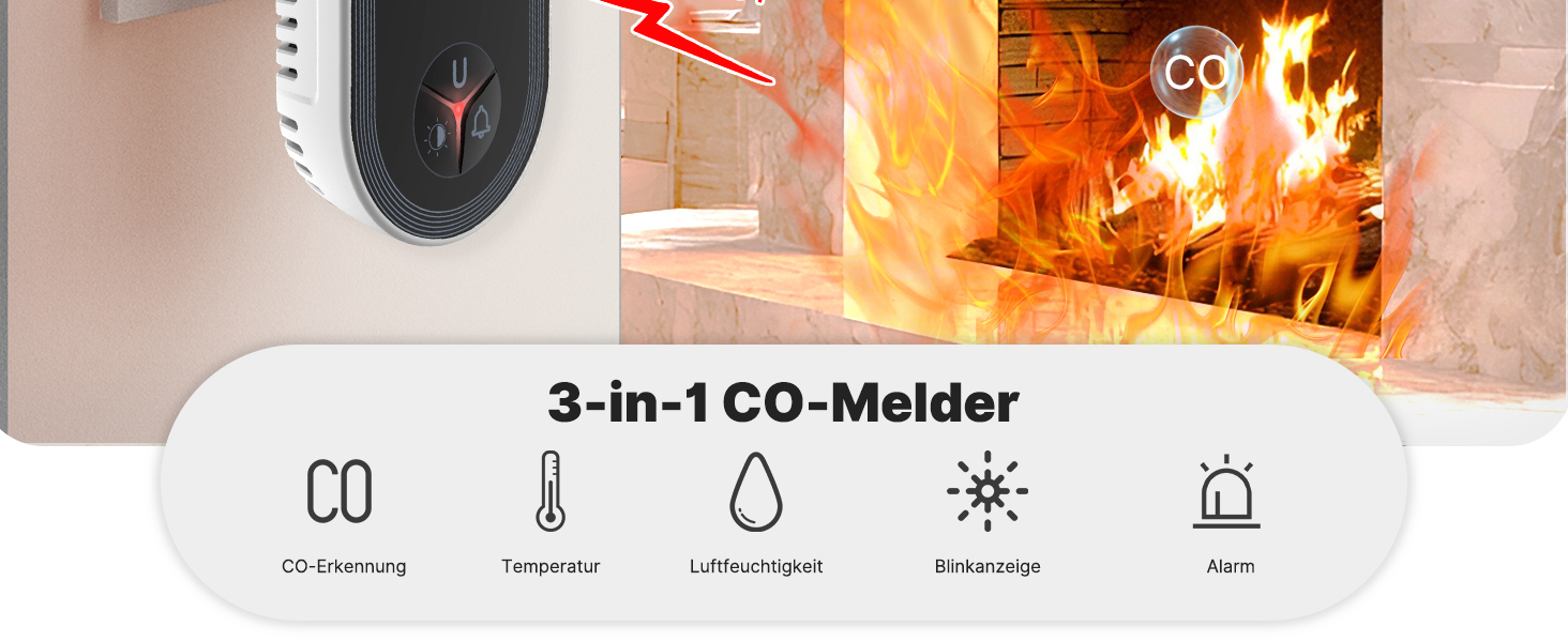 Датчик CO MOES з вилкою, 3-в-1: датчик CO, термометр та гігрометр, з акустичним сигналом, для дому та автодому, 1 шт.