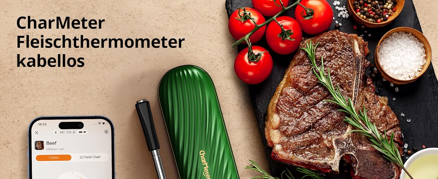 Бездротовий термометр для м'яса з Bluetooth, дальність 150м, IP67, з рецептами, для приготування, гриля та BBQ, INT-11XB