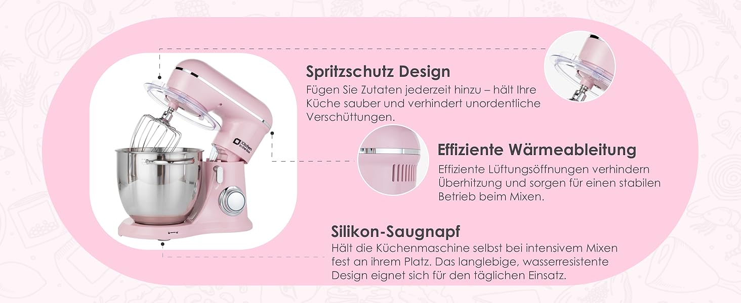 Кухонна машина Kitchen in the box рожевого кольору 6 л з 2 чашами по 3,5 л, 10 швидкостей, міксер з гаками та вінчиками