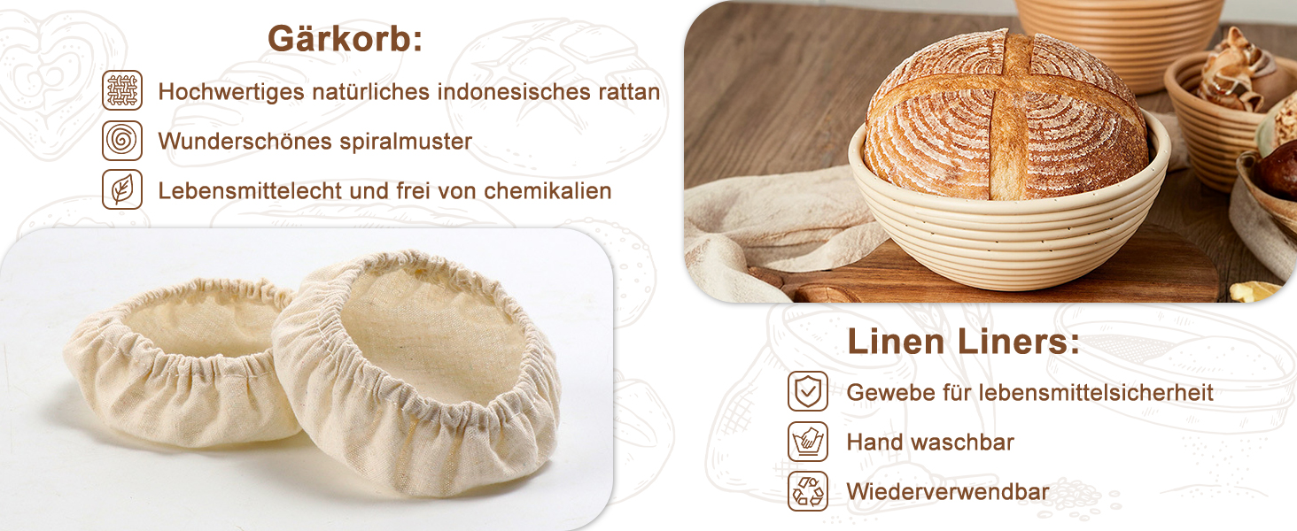 Набір для бродіння тіста Gärkorb: 23см кругла та 25см овальна корзини + 6 інструментів для випічки. Ідеально для професіоналів та любителів.