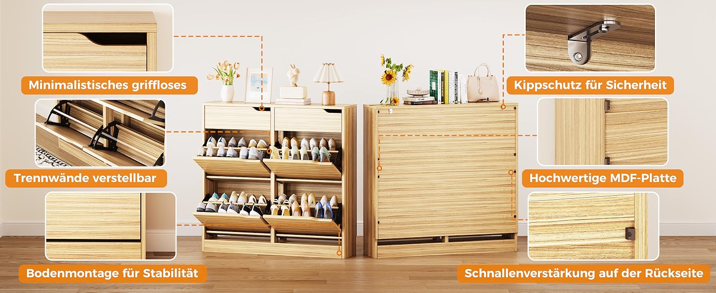 Шкаф для взуття IRONCK з 4 дверцятами, вузький, з 2 висувними ящиками, окремо розташований, з регульованими перегородками, для прихожого, входу та вітальні (білий). Матеріал: дерево. Розміри: 100x23.5x98 см