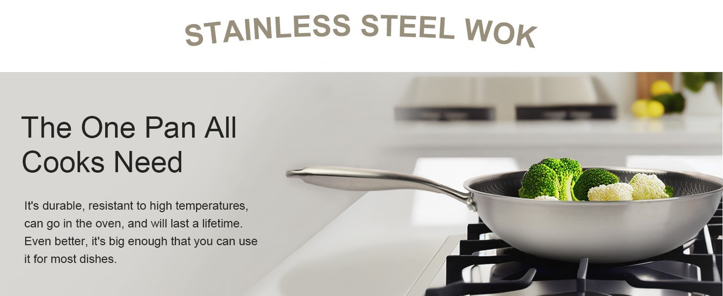 Вок RIOVARM 32 см з нержавіючої сталі з кришкою, антипригарне покриття, плоске дно, індукційні та газові плити, посудомийна машина, духовка, тришарова структура