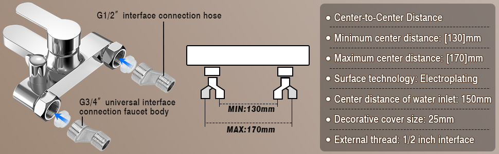 Набір для ванни з душовою лійкою та змішувачем, хром, латунь, 3 функції, настінний монтаж 150 мм