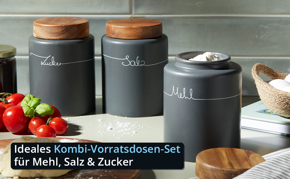 Набір контейнерів для картоплі, цибулі та часнику KHG, 3 шт., кераміка, бамбукові кришки, сірий антрацит, об'єм 3 л та 1,5 л (для борошна, солі, цукру)