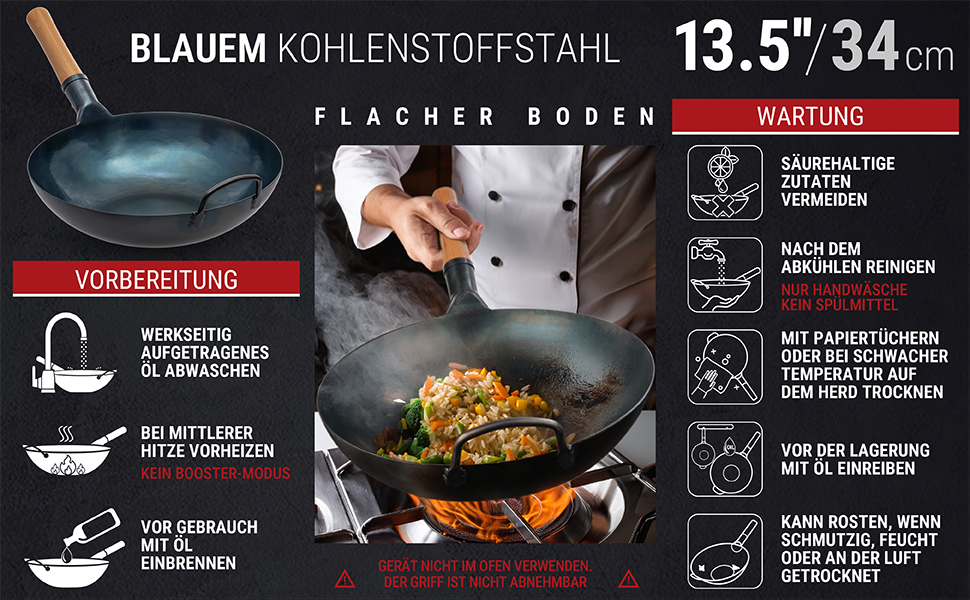 Вок YOSUKATA з вуглецевої сталі (34 см) - попередньо обпалена поверхня, плоске дно, для індукційних, газових та електричних плит (синій)
