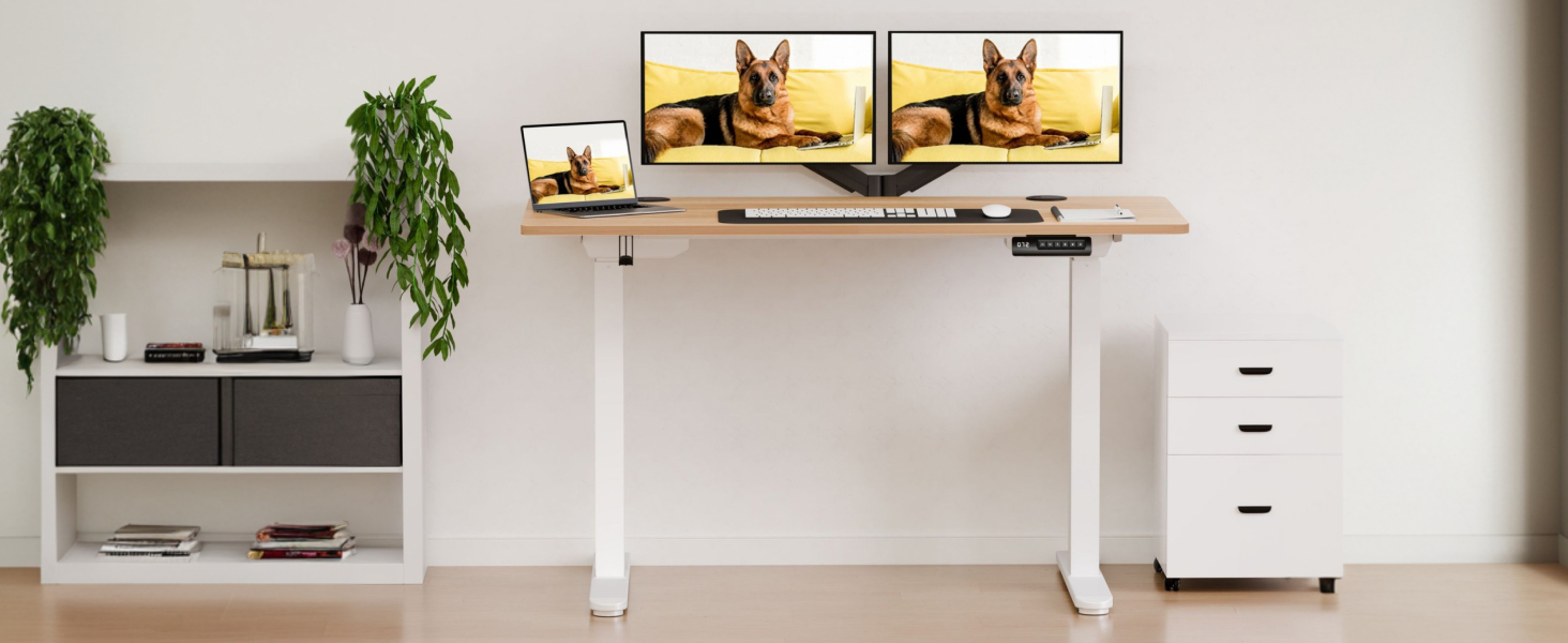 Регульований за висотою стіл Sanodesk з двомоторним приводом та бездротовим зарядним пристроєм 15W, інтегрований, 4 позиції пам'яті, стільниця з масиву акації 110x54 см, до 80 кг, Pro Ahorn