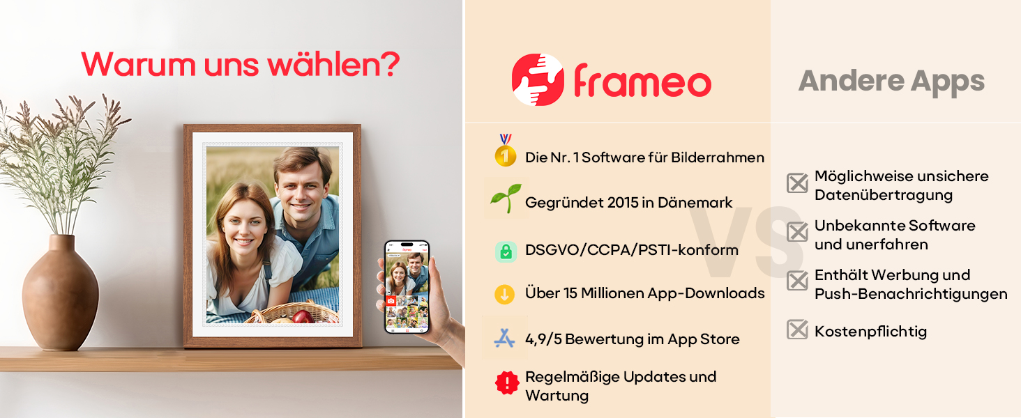 Frameo Цифровий фоторамка 10,1 дюйма, HD 1280*800 IPS сенсорний екран, 32GB пам'ять, автоповорот, Frameo App для обміну фото та відео, 15 дерев'яних текстур (білий)