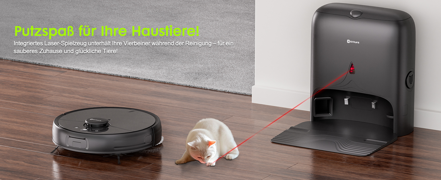 Робот-пилосос з функцією миття, автоматичне спорожнення (75 днів), потужність 8500Pa, зрізач для шерсті тварин, лазерна іграшка для котів, лазерна навігація, знімне м'яке прибирання, робот-пилосос для твердих поверхонь, килимів та шерсті тварин, чорний