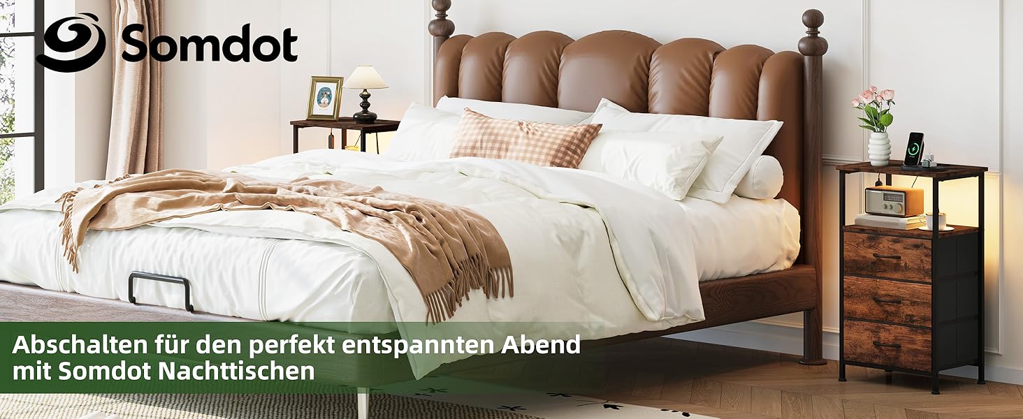 Нічний столик Somdot з підзарядкою, LED, розеткою (USB, Type-C) для спальні, вітальні, дитячої кімнати. Нічний столик, тумбочка, 30x40x60 (2 висувні ящики), деревоподібний масив, 2