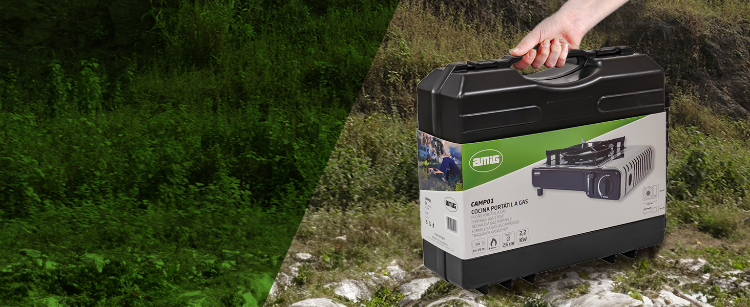 Газовий балонний пальник Amig CAMP01 з 1 конфоркою, вбудованим вітрозахистом та нержавіючою сталею, 2.2 кВт, сумісний з картриджами B-250