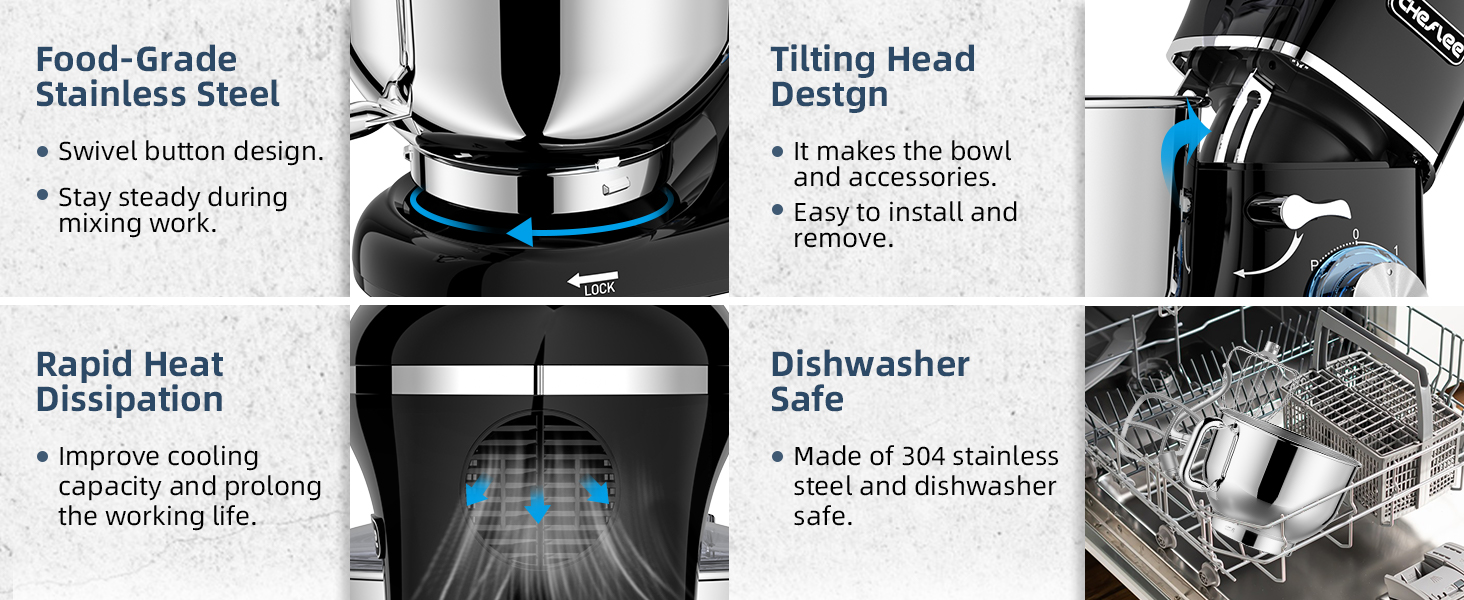 Кухонна машина Cheflee 2000W з чашею 6.2L з нержавіючої сталі, 6 швидкостей, низький шум, міксер, гак для тіста, захист від бризок, чорна