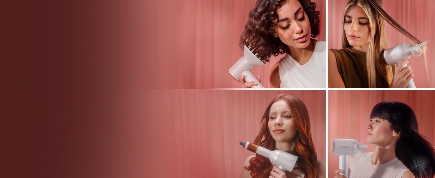 Фен Cecotec DryGlam Waves Champagne з безщітковим мотором та Plasmatechnologie, 1600W, 110000RPM, 4 насадки, Coanda-ефект, цифрова панель, інтелектуальне регулювання температури, функція пам'яті