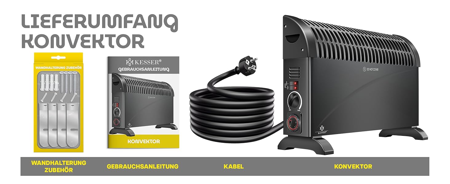 Конвектор KESSER 2000 Вт з таймером 24 год, захистом від замерзання, терморегулятором, турбонагрівом, 3 режими, ручки для перенесення, чорний