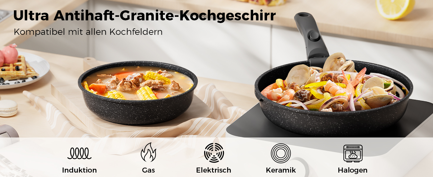 Набір каструль та сковорідок YASHE 20 предметів з знімними ручками, антипригарне покриття, для індукційних плит, термостійкий до 230°C, можна мити в посудомийній машині, складається, сірий та білий (сірий)