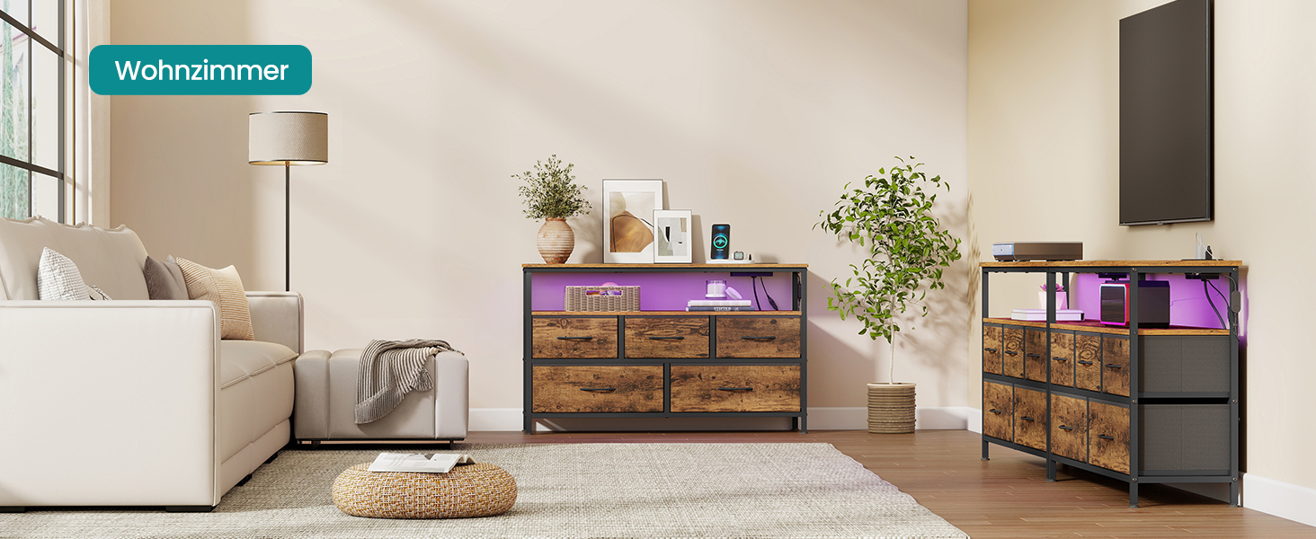 SONGMICS BELLAH: Комод з LED-підсвіткою, тумба з бездроговою зарядкою, 5 шухляд, індустріальний стиль, vintage brown + ink black