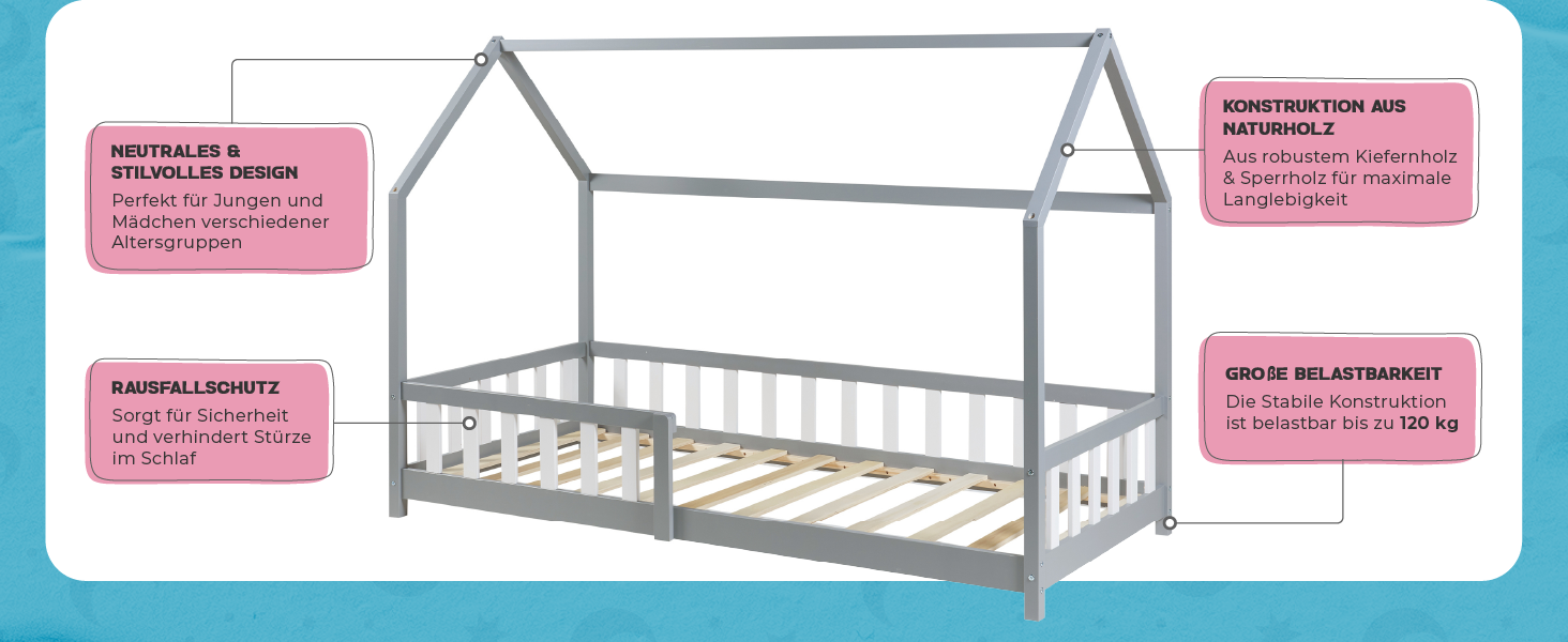Ліжко дитяче Hesel Hausbett біле 90x200 см з бортиками та ламелями. Монтессорі ліжко-платформа для підлітків. Дерев'яне ліжко від en.casa