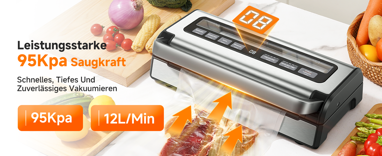 Вакууматор для продуктів 9-в-1 з потужністю 95 кПа, регулюванням часу та тиску, функцією пам'яті, подвійним запаянням, вбудованим різаком та відсіком для пакетів, корпус із нержавіючої сталі, у комплекті 2 ролини та шланг