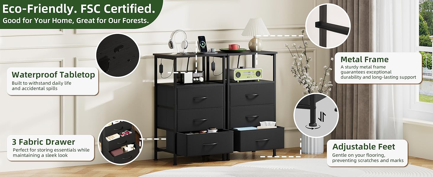 Нічний столик Somdot з підзарядкою, LED, розеткою (USB, Type-C) для спальні, вітальні, дитячої кімнати, чорний, 30x40x60/72 см (2/3 ящики)