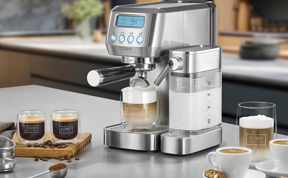 Кавомашина еспресо CASO EspressoGourmet Crema: професійна кавоварка з пінозбивачем, нержавіюча сталь, 20 бар, для кави та капучино