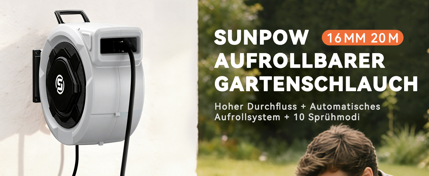 Шланговий барабан SUNPOW настінний 30м, 16 мм - автоматичний згортач з фіксацією, поворотна стіна, 10 функцій для саду, тераси та двору