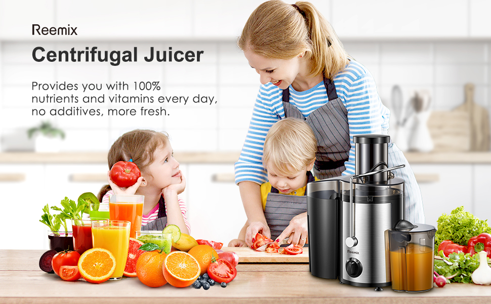 Соковитискач Reemix для овочів та фруктів, професійний з нержавіючої сталі, 500W, 3 швидкості (Чорний)