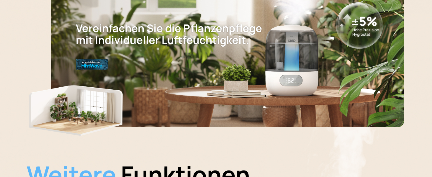 Зволожувач повітря Dreo для спальні, ультразвуковий холодний туман, 30 годин роботи, 3л резервуар, датчик вологості, нічник для дітей, кімнатних рослин та дому (Сірий)