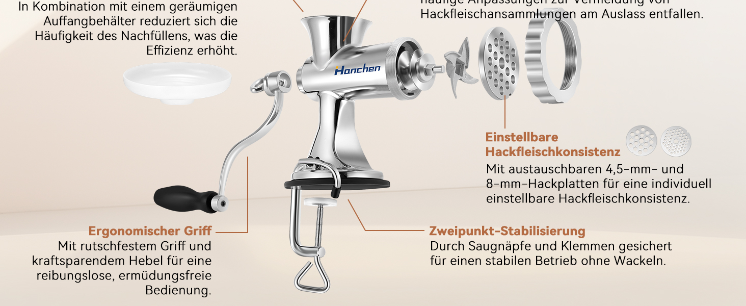М'ясорубка ручна Hanchen з нержавіючої сталі з присоскою, насадкою для ковбас та 2 дисками, посудомийна, для м'яса та овочів