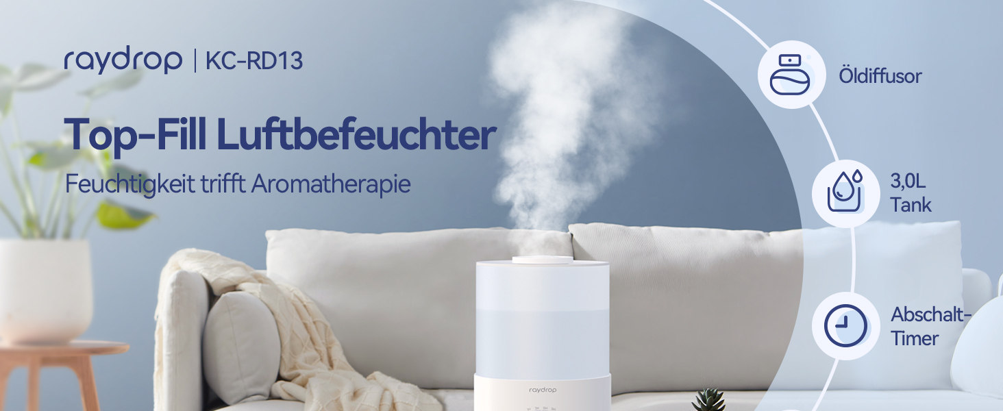 Зволожувач повітря Raydrop для спальні 3л, ультразвуковий, холодний пар, для великих приміщень, з LED підсвіткою, таймером та автовимкненням